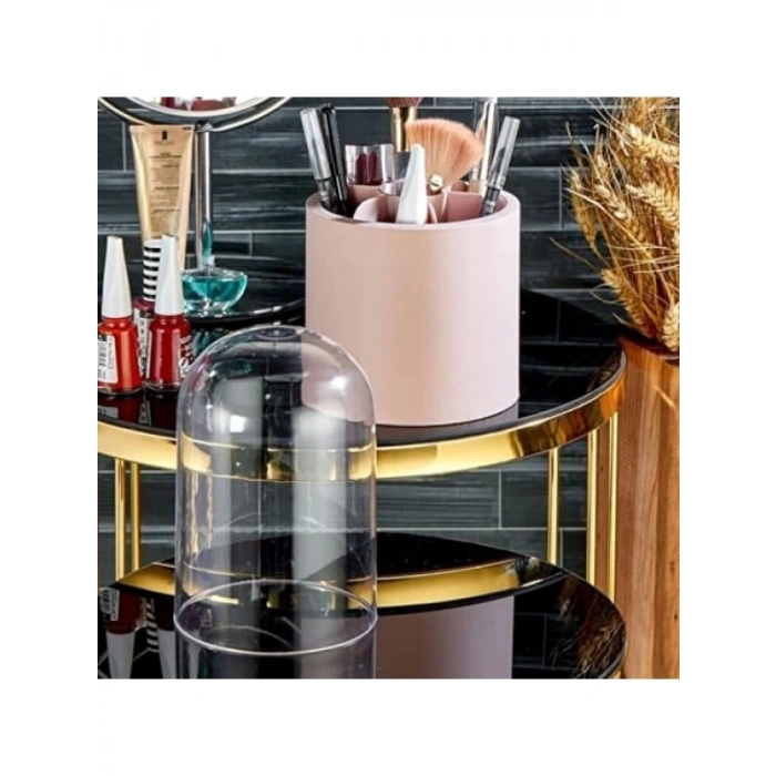 Pembe Renkli Bölmeli Makyaj Organizeri, Şeffaf Kapaklı