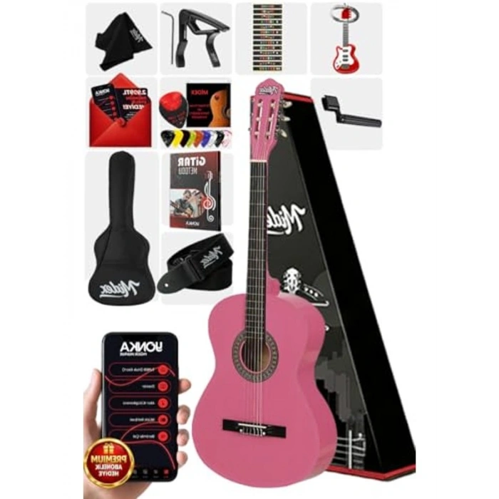 Pembe Renkli Klasik Gitar Seti, Yetişkinler İçin 4/4 Boy