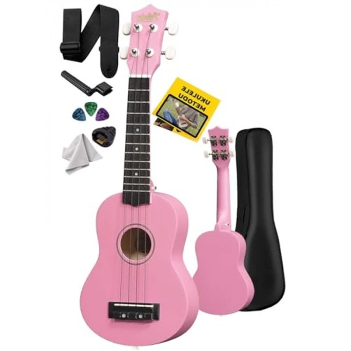 Pembe Renkli Soprano Ukulele, Askı ve Çanta ile Birlikte