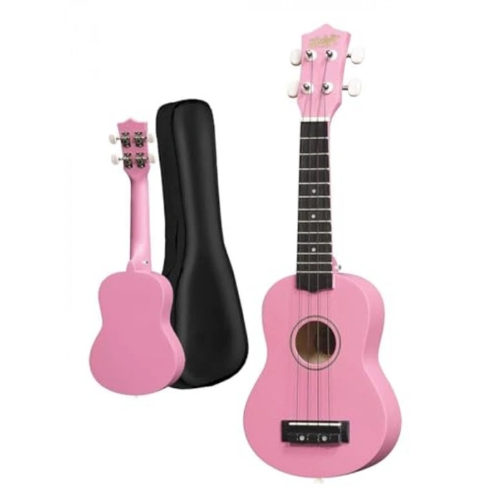 Pembe Renkli Soprano Ukulele, Askı ve Çanta ile Birlikte