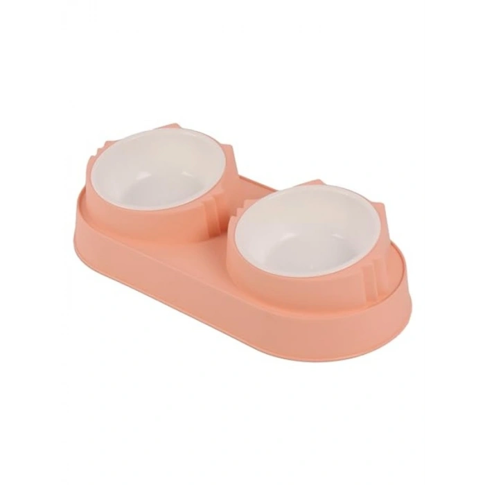 Pembe Silikon Yüzeyli Çift Hazneli Kedi Mama Kabı