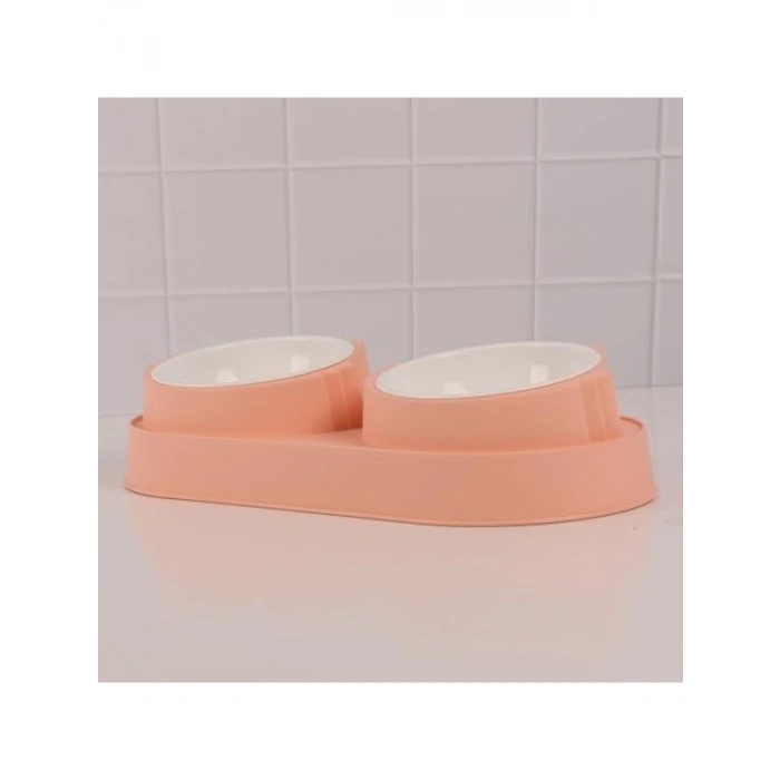 Pembe Silikon Yüzeyli Çift Hazneli Kedi Mama Kabı