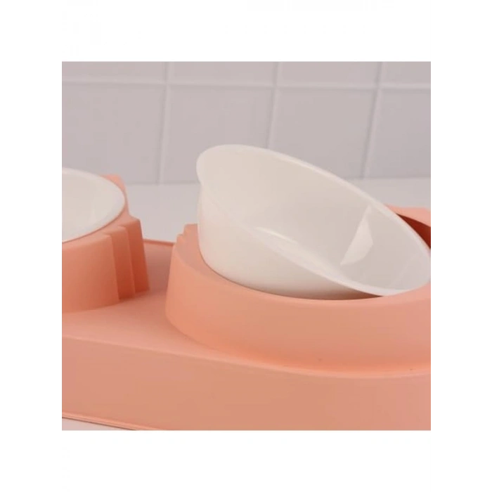 Pembe Silikon Yüzeyli Çift Hazneli Kedi Mama Kabı