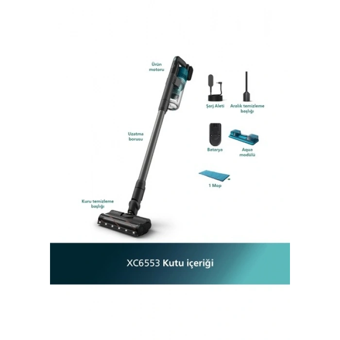 Philips 6000 Serisi Kablosuz Dikey Süpürge, PowerCyclone 11, Aqua Modül ile Kolay Mop, TriActive LED Başlık, 64 Dakika Kullanım, XC6553/01