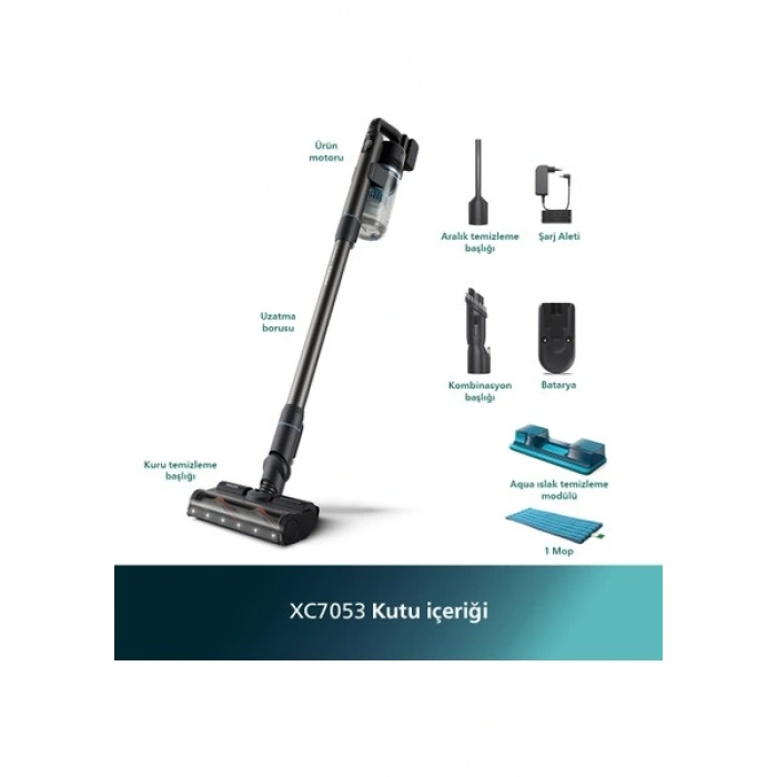 Philips 7000 Serisi Aqua 25.2 V Kablosuz Dik Süpürge, PowerCyclone 12, TriActive Başlık, 80 dkya kadar Çalışma, 3 Aşamalı Filtreleme, XC7053/01