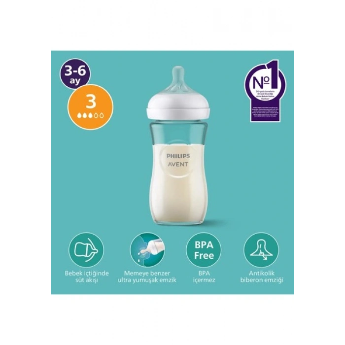 Philips Avent Doğal Tepkili Cam Biberon, 240ml, 3-6 Ay, SCY933/01