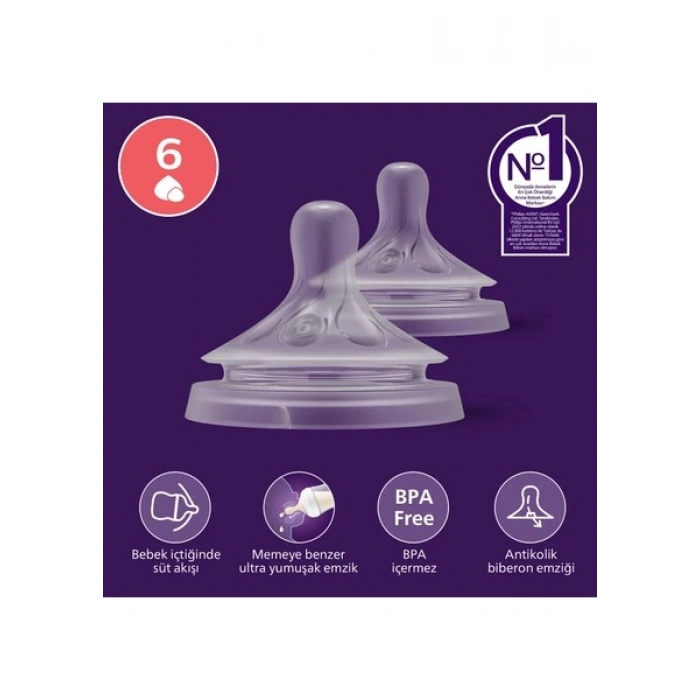 Philips Avent Doğal Tepkili Silikon Biberon Emziği 6 Numara Orta Akış 6+ Ay 2li Paket
