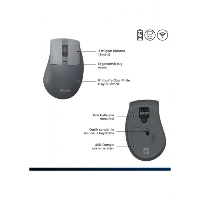 Philips SPK7528 Kablosuz Bluetooth 1600DPI 5 Tuşlu Optik Mouse Gri