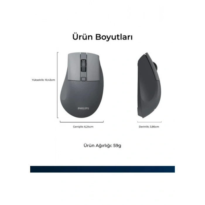 Philips SPK7528 Kablosuz Bluetooth 1600DPI 5 Tuşlu Optik Mouse Gri