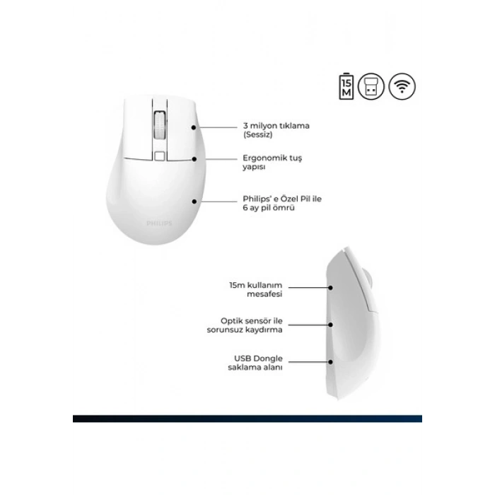 Philips SPK7528 Kablosuz Bluetooth 1600DPI 5 Tuşlu Sessiz Optik Mouse Beyaz