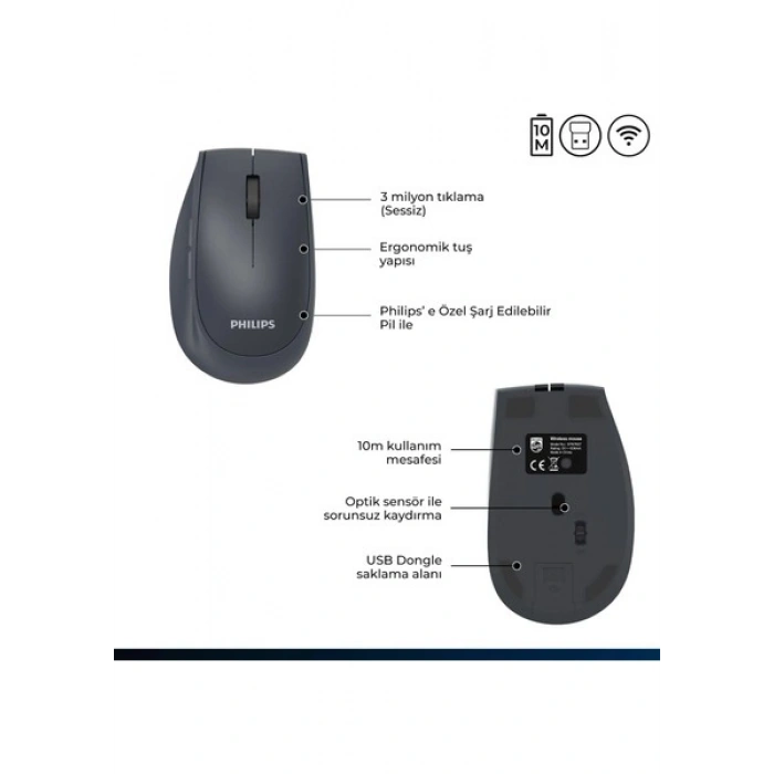 Philips SPK7627 Kablosuz Bluetooth Dual Mod 1600DPI 6 Tuşlu Sessiz Optik Mouse Gri