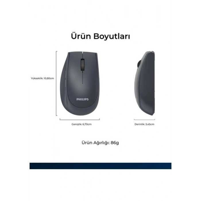 Philips SPK7627 Kablosuz Bluetooth Dual Mod 1600DPI 6 Tuşlu Sessiz Optik Mouse Gri