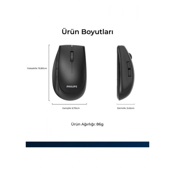 Philips SPK7627 Kablosuz Bluetooth Dual Mod 1600DPI 6 Tuşlu Sessiz Optik Mouse Siyah