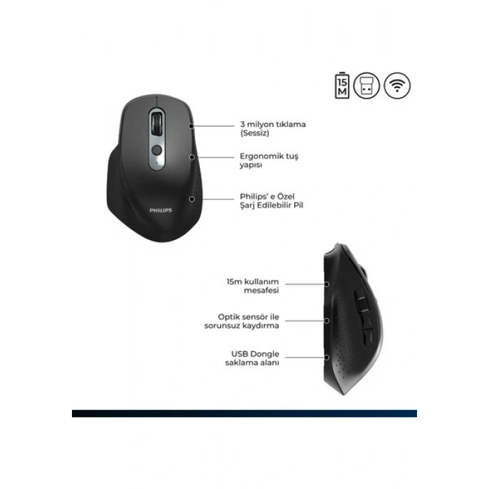 Philips SPK7818 3200 DPI 8 Tuşlu Dual Mod Bluetooth ve 2.4G Kablosuz Ergonomik Sessiz Mouse Siyah