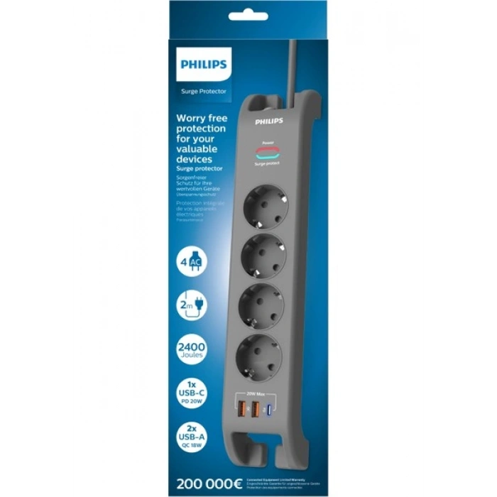 Philips SPN4140GA Akım Korumalı Priz 4lü + 2x Usb-A 18W + 1x Usb-C 20W - 2m Kablo