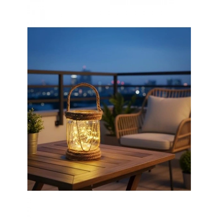 Pilli LED Işıklı 20x10 cm Rustik Cam Fener, Bahçe ve Balkon Dekorasyonu
