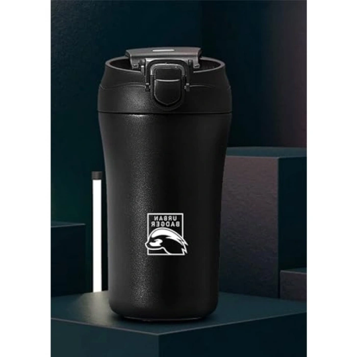 Pipetli Kapaklı Siyah Çelik Termos 380 ML