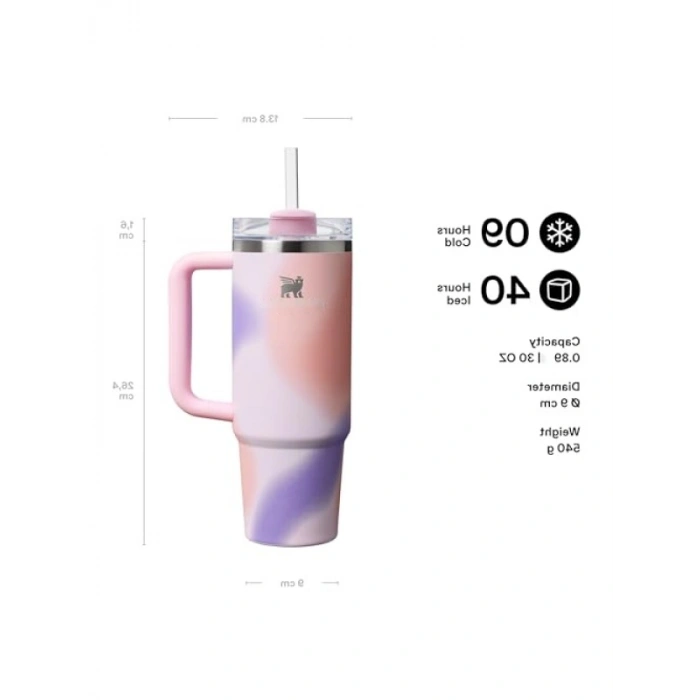 Pipetli Termos Bardak, 0.89 Litre Kapasite, Pembe Desenli