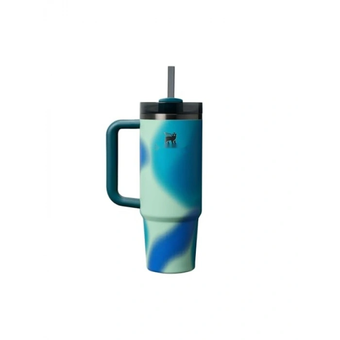 Pipetli Termos Bardak - Turkuaz Desenli, 0.89 Litre