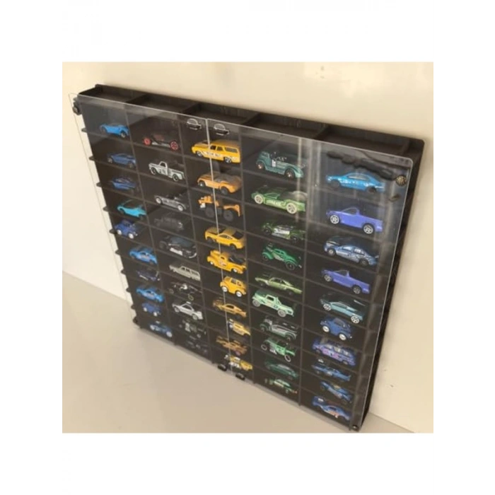 Pleksi Kapaklı 1/64 Ölçekli Model Araç Rafı, 50 Araç Kapasitesi