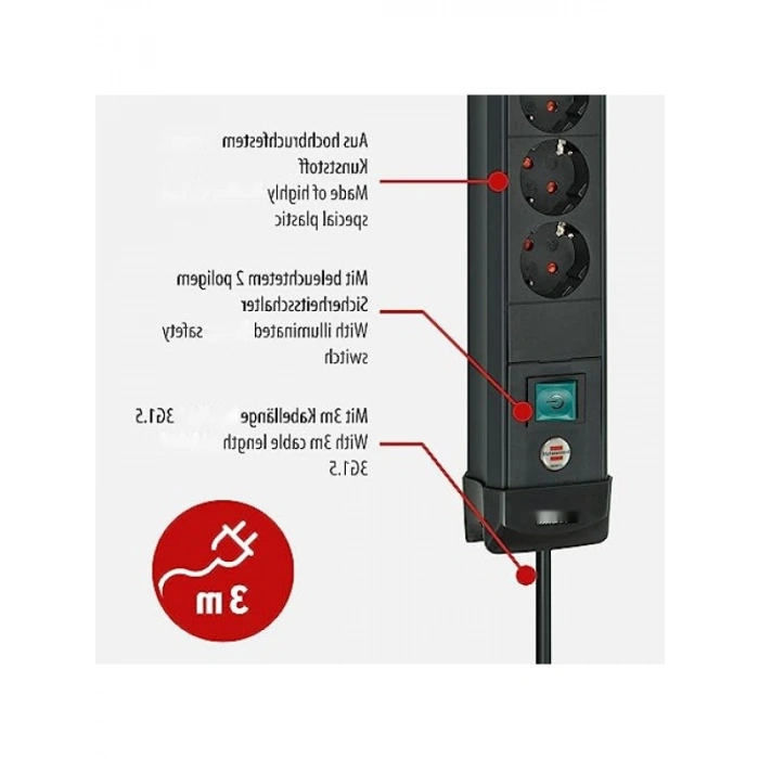 Premium 6 Soketli Priz, USB Şarj İşlevli, 3 Metre Kablo