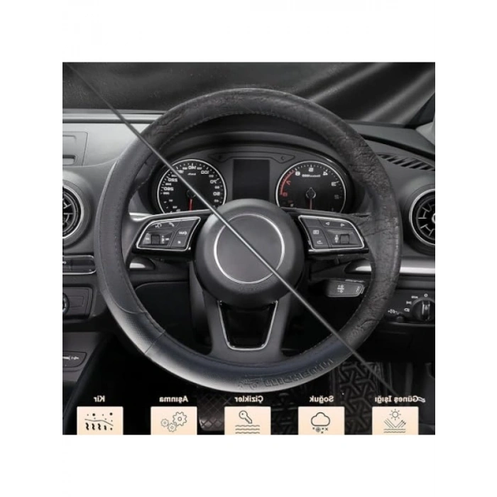 Premium Suni Deri Direksiyon Kılıfı - Siyah