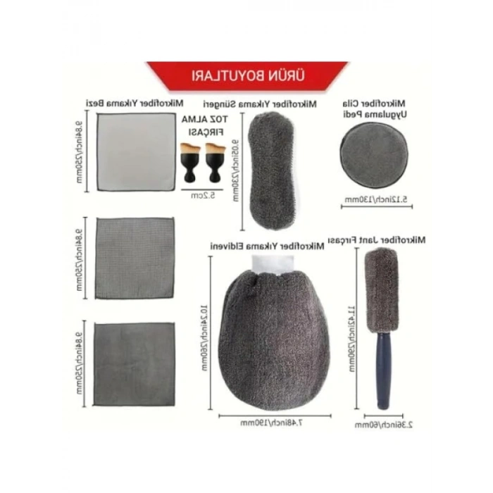 Profesyonel 11 Parça Mikrofiber Araç Yıkama Seti - Fırça ve Bez Seti