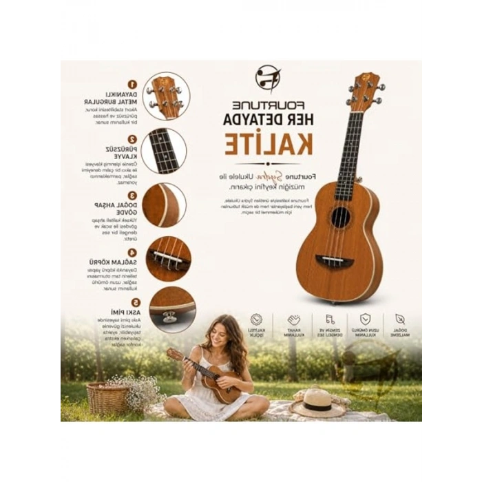 Profesyonel Maun Ağacı Ukulele Seti, 23 İnç, Açık Maun Renk