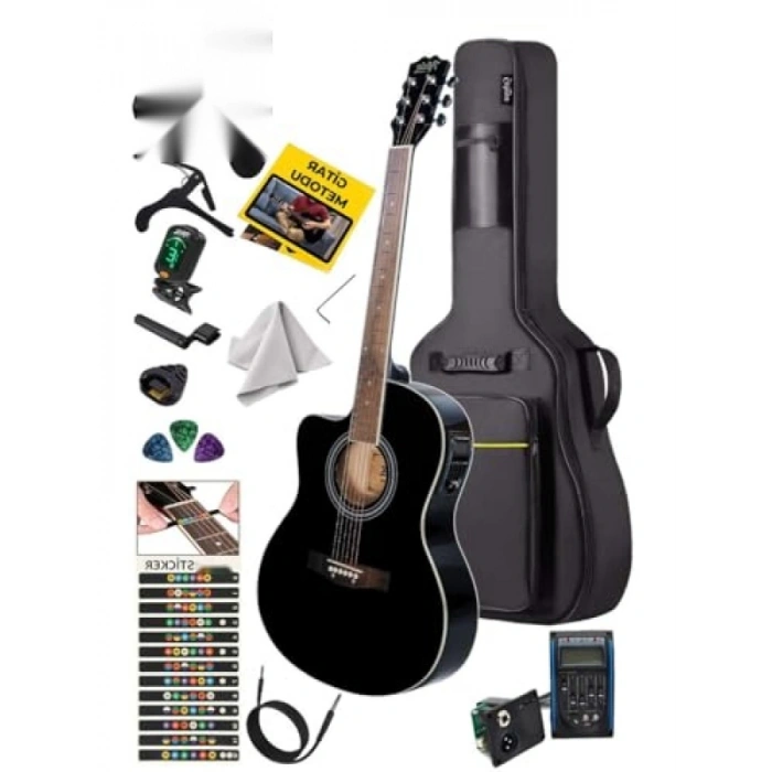 Profesyonel Siyah Elektro Akustik Gitar Seti 4/4
