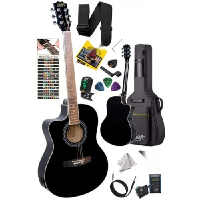 Profesyonel Siyah Elektro Akustik Gitar Seti 4/4