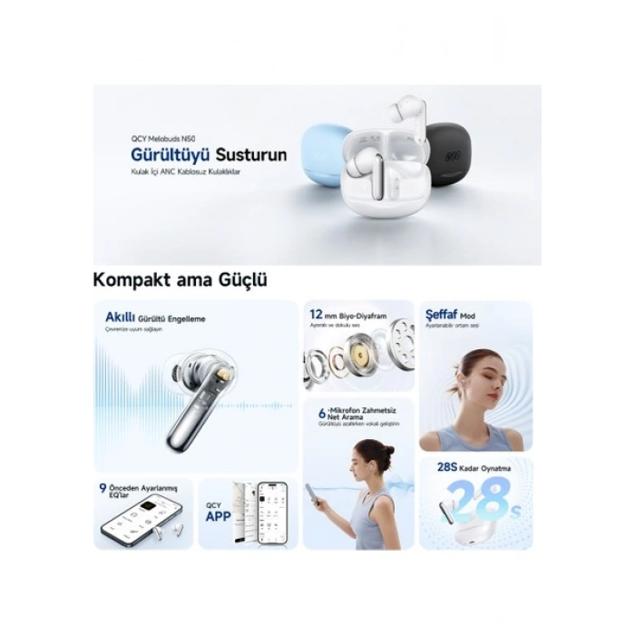 Qcy HT12 Melobuds N50 Anc 6 Mikrofonlu Bluetooth 5.4 Kulaklık Siyah