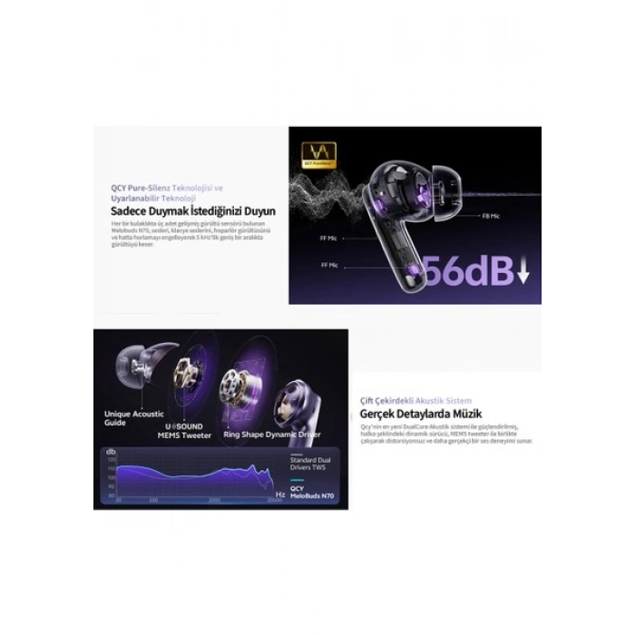 QCY Melobuds N70 Bluetooth Kulaklık 6.0 - Kablosuz Şarj - Hi-Res-LDAC- Mems Tweeter-FastPair-Çift Cihaz Gri