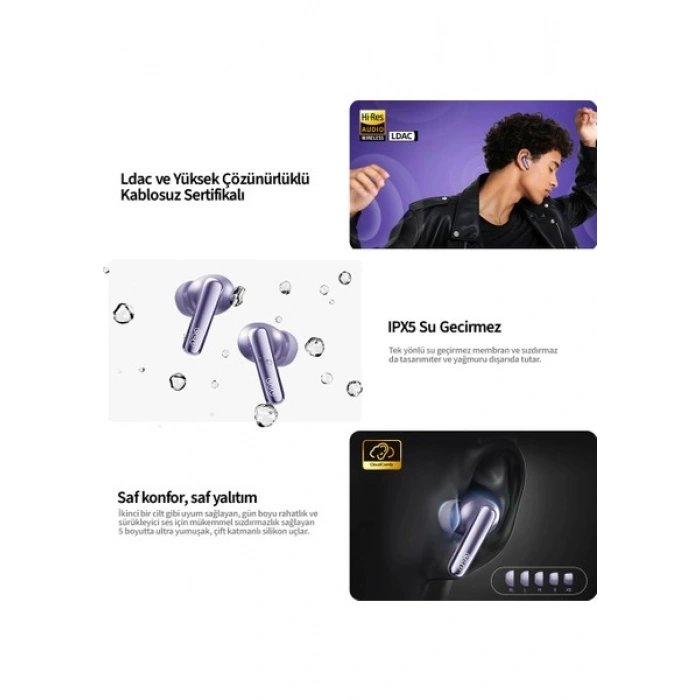 QCY Melobuds N70 Bluetooth Kulaklık 6.0 - Kablosuz Şarj - Hi-Res-LDAC- Mems Tweeter-FastPair-Çift Cihaz Gri