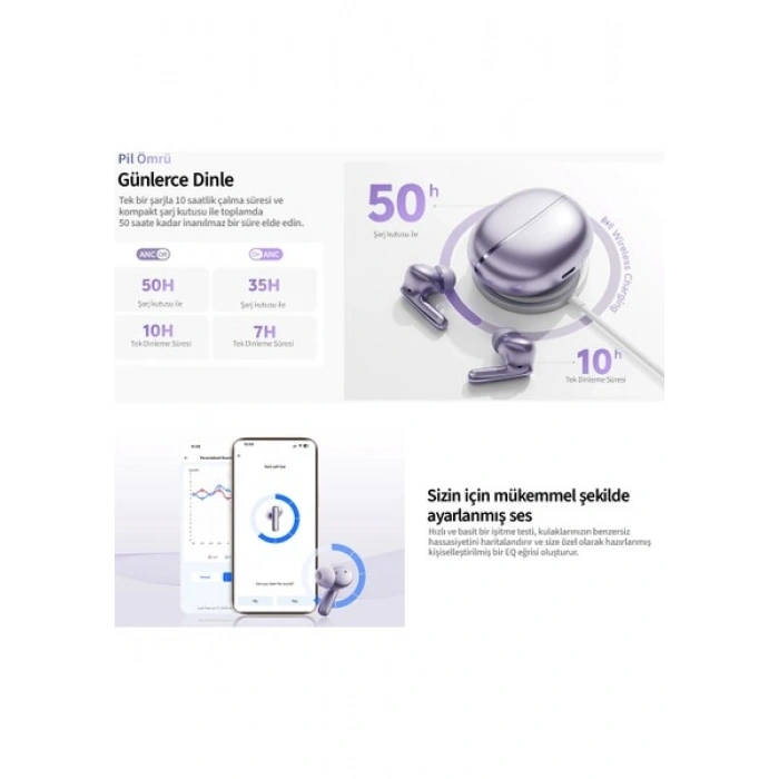 Qcy Melobuds N70 Bluetooth Kulaklık 6.0 - Kablosuz Şarj - Hi-Res-LDAC- Mems Tweeter-FastPair-Çift Cihaz Mor