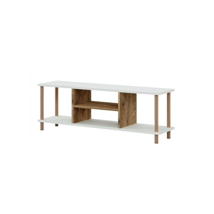 Raflı Ahşap Ayaklı Beyaz TV Sehpası