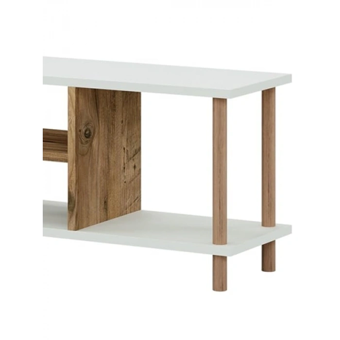 Raflı Ahşap Ayaklı Beyaz TV Sehpası