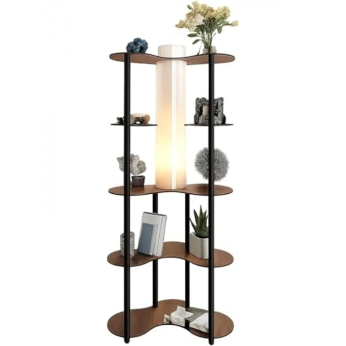 Raflı Ayaklı Lambader, Ceviz Renk, E27 LED Uyumlu