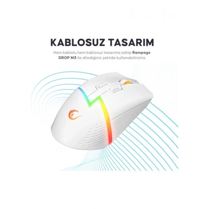 Rampage DROP M3 V2 24000 DPI 3311 Sensor Beyaz RGB Şarjlı Kablosuz 80 Milyon Huano Switch Gaming Oyuncu Mouse