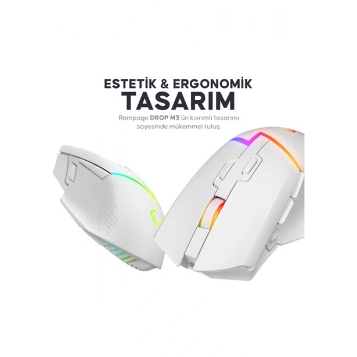 Rampage DROP M3 V2 24000 DPI 3311 Sensor Beyaz RGB Şarjlı Kablosuz 80 Milyon Huano Switch Gaming Oyuncu Mouse