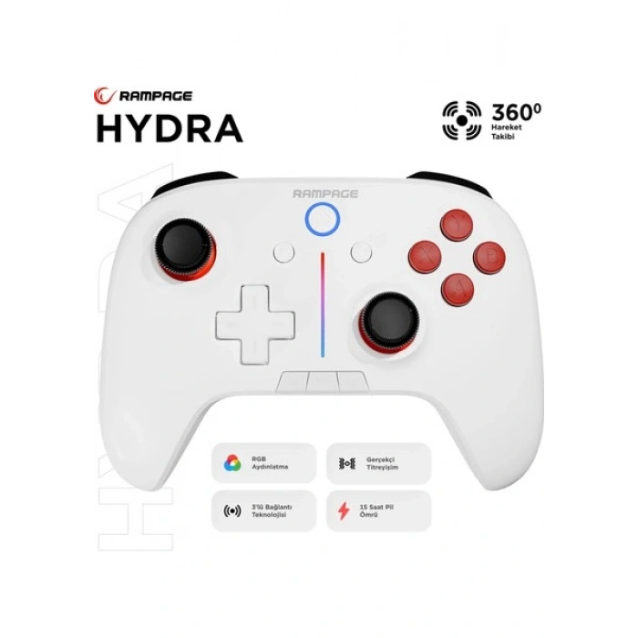 Rampage HYDRA Beyaz BT + 2.4 GHz PC Gamepad RGB Joypad