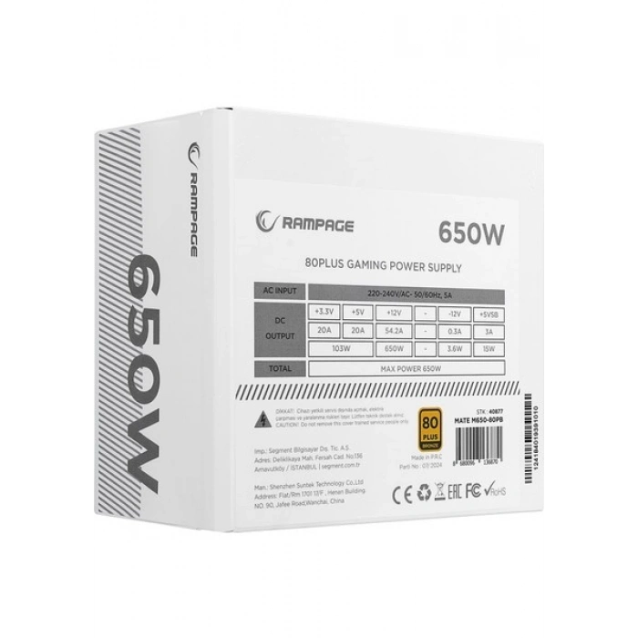Rampage Mate M650-80PB 650W 12CM Fan Full Modular 80 Plus Bronze Aktif Pfc Beyaz Power Supply