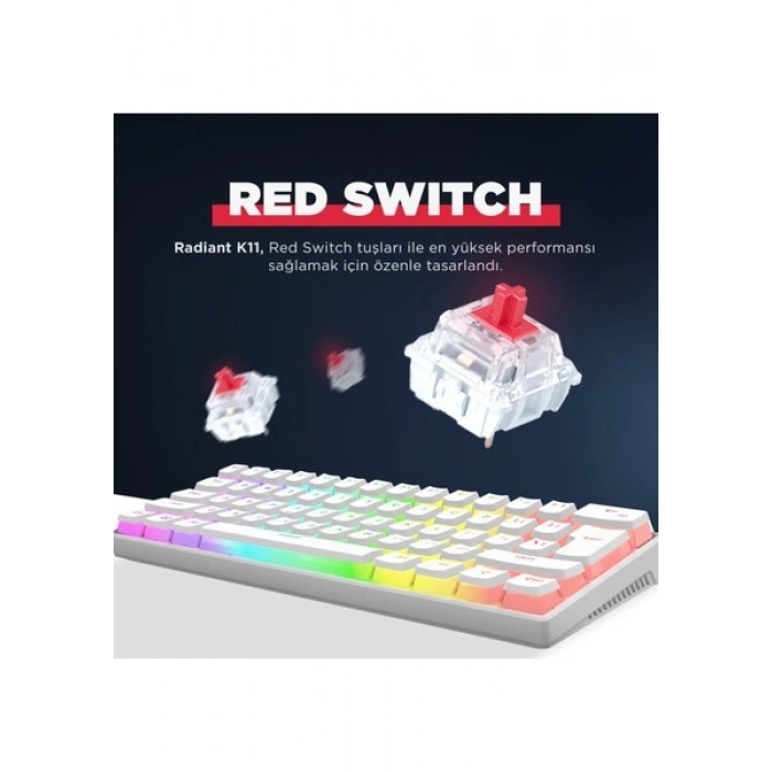 Rampage RADIANT K11 Siyah Type-C Bağlantılı RGB Puding Tuşlu US Layout (ingilizce Q Klavye) Red Switch Gaming Oyuncu Klavye