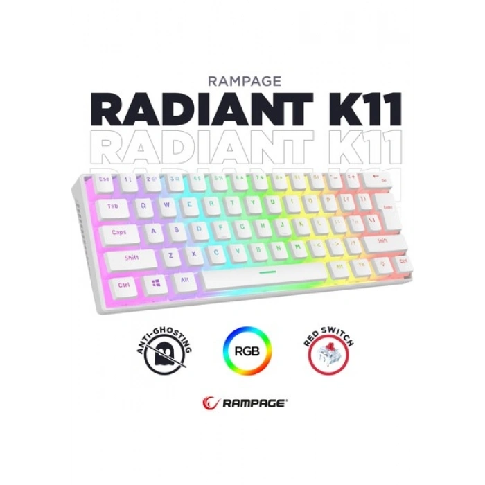 Rampage RADIANT K11 Siyah Type-C Bağlantılı RGB Puding Tuşlu US Layout (ingilizce Q Klavye) Red Switch Gaming Oyuncu Klavye