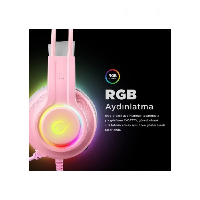 Rampage RM-K91 X-CATTY Pembe USB 7.1 Version RGB (Kedi Kulak) Gaming Oyuncu Mikrofonlu Kulaklık