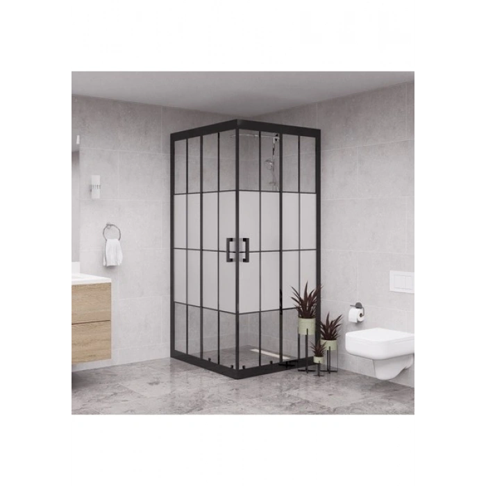 Raumark Black Quandrum 6mm Karolajlı Ortası Kumlamalı Kare Duşakabin