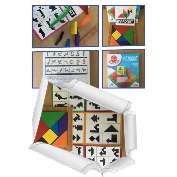Renkli Ahşap Kare Tangram Zeka Oyunu, 7 Parça 17x17cm