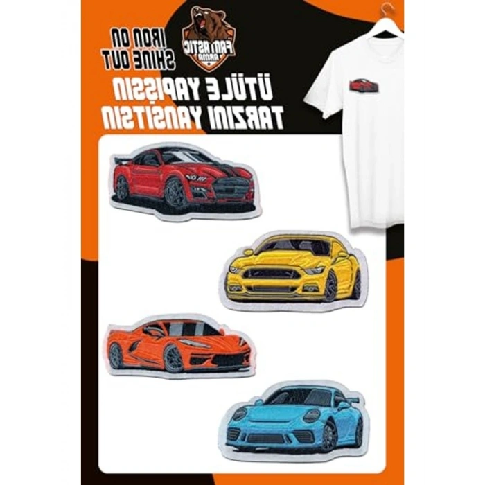 Renkli Arabalar Temalı Ütüyle Yapışan Arma Seti (4 ADET)