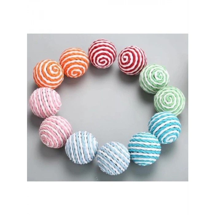 Renkli İpli Kedi Oyuncağı Seti, 2 Adet 4 cm Top