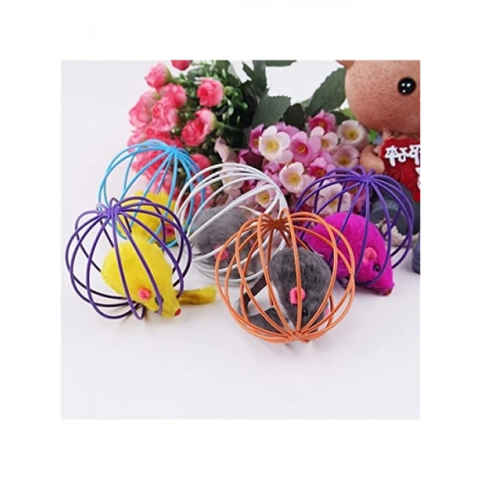 Renkli Metal Kafesli Peluş Kedi Oyuncağı - 6 cm