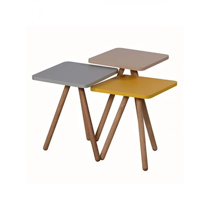 Renkli Üçlü Zigon Sehpa, Ahşap Ayaklı, Pastel Tasarım